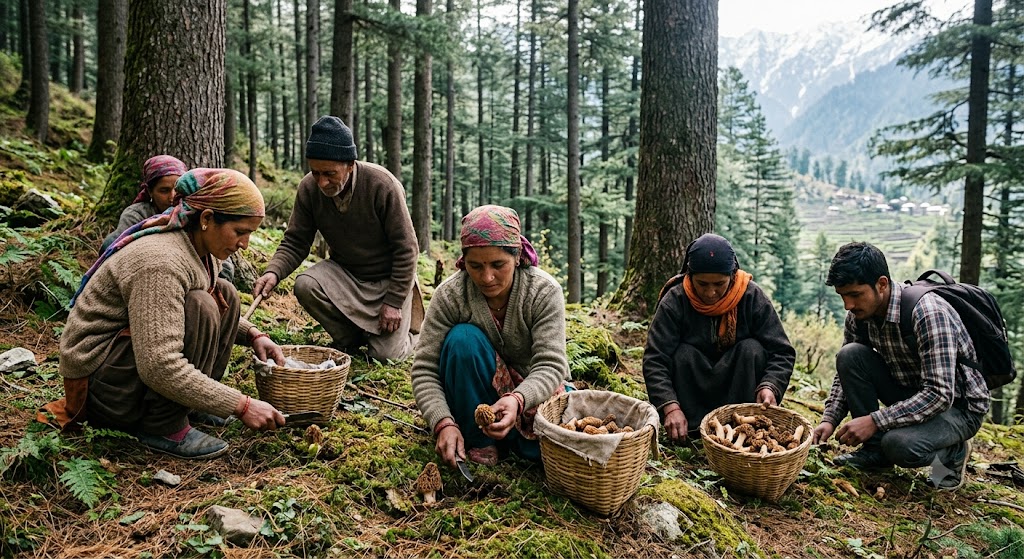Himalayan villagers harvesting wild Gucchi Mushrooms in a forest