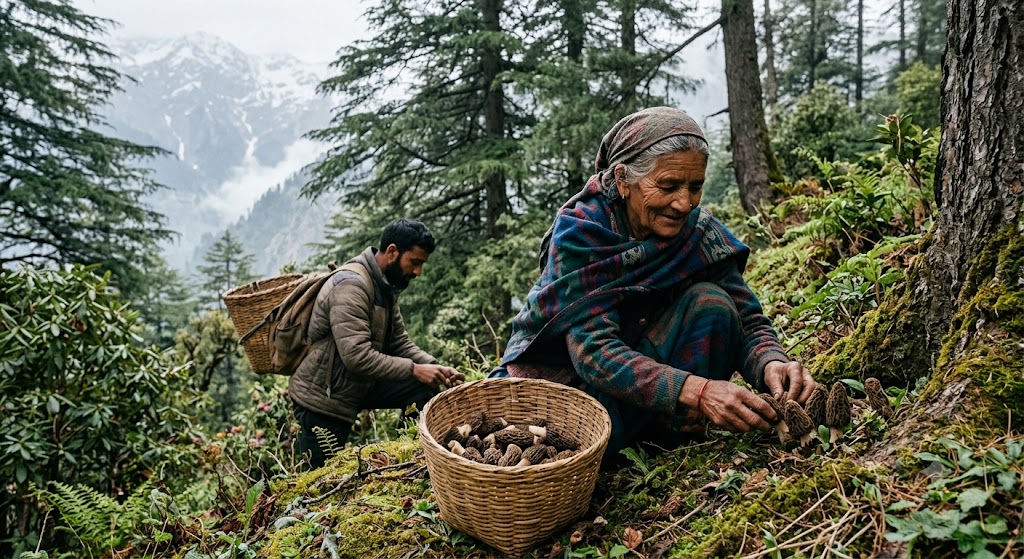 An elderly Himalayan woman and a young man carefully foraging for wild Gucchi morel mushrooms on a mossy forest floor with a mountain background.