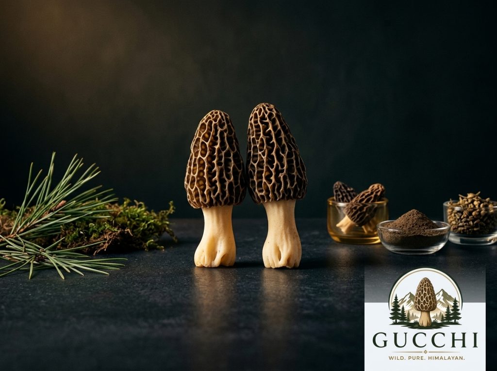 Two wild Himalayan Gucchi (morel) mushrooms standing on a dark stone surface, styled with natural pine needles, moss, and small glass bowls of dried mushroom powder. Features the logo "Gucchi: Wild. Pure. Himalayan."