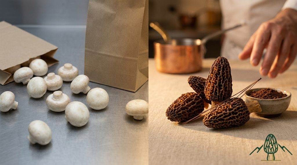 A split screen comparison showing white button mushrooms spilling out of brown paper bags on a metal countertop on the left, versus premium honeycomb-textured wild Himalayan Gucchi morel mushrooms being prepared by a chef on a warm linen cloth with a small bowl of spice on the right. Features a minimalist green line art icon of a morel and mountains in the bottom corner.