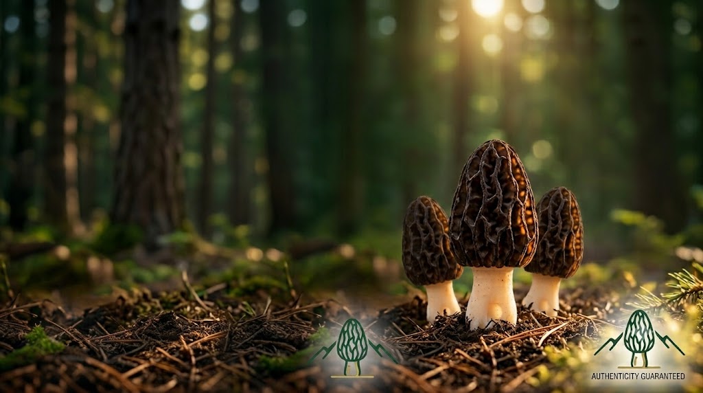 A full-width, close-up photograph of three authentic wild Himalayan Gucchi mushroom price growing naturally on the forest floor, set against a softly blurred, sunlit woodland background with a single authenticity logo at the bottom.